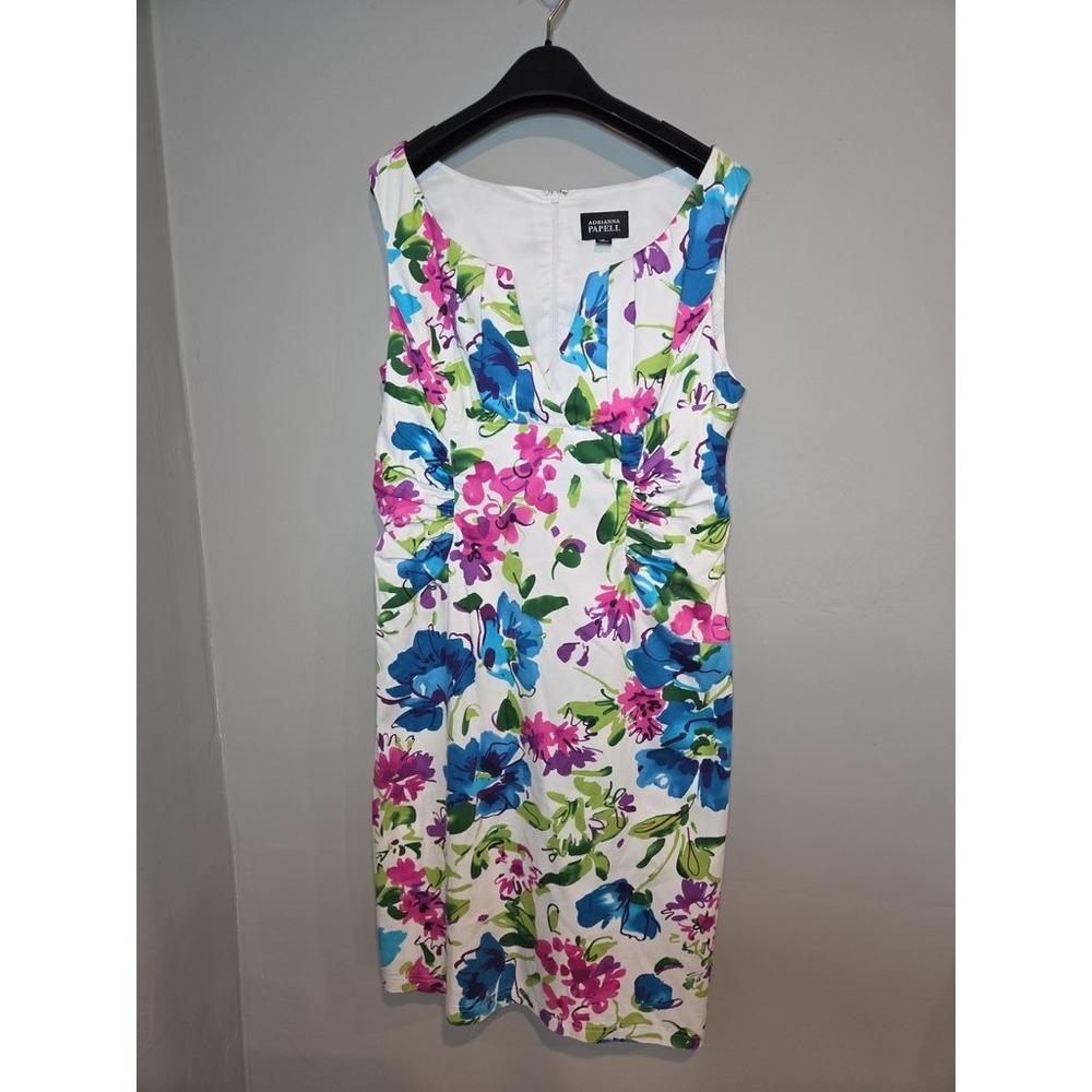 Adrianna‎ Papell Floral Dress White Blue Pink Ruched Cotton Blend Autumn Wedding